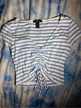 Forever 21 White and Blue Striped Ruched V-Neck Crop Top